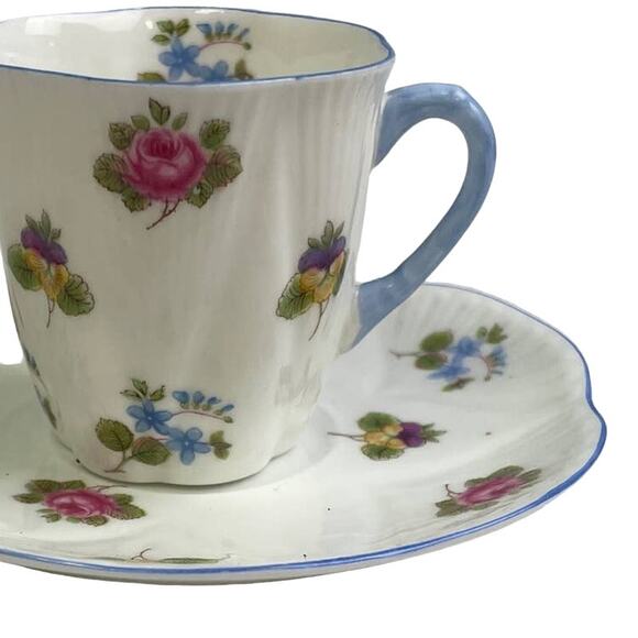 Vintage Shelley England Blue Trim Wildflowers Saucer Cup Fine Bone China Teacup - Picture 3 of 7
